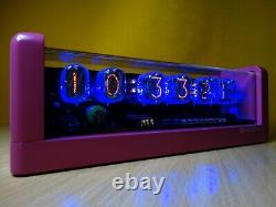Nixie Clock 6 IN-12 tubes pink mat case & alarm & blue LED steampunk