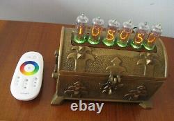 Nixie Clock IN14 tubes and RGB LEDs in Brass Vintage Case by Monjibox Nixie