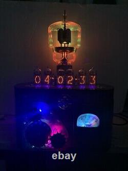 Nixie Clock IN-14 Tube. Steampunk. Eimac VT-129 Tube, Gears, Vintage Ammeter Rgb