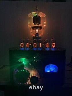 Nixie Clock IN-14 Tube. Steampunk. Eimac VT-129 Tube, Gears, Vintage Ammeter Rgb