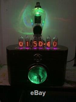 Nixie Clock IN-14 Tube. Steampunk style. Lit T-55 Vintage Tube & Brass Ammeter