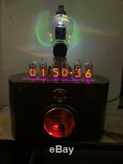 Nixie Clock IN-14 Tube. Steampunk style. Lit T-55 Vintage Tube & Brass Ammeter