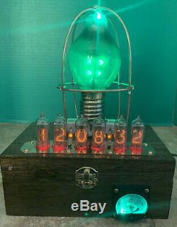 Nixie Clock IN-14 Tube. Steampunk style. RGB Lighted Brass Enclosed Tungar Tube