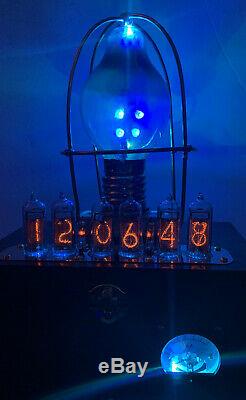 Nixie Clock IN-14 Tube. Steampunk style. RGB Lighted Brass Enclosed Tungar Tube