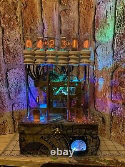 Nixie IN-14 Tube Steampunk Clock. Repurposed Brass Clock & Porcelain Insulators