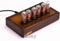 Nixie Tube Clock 6Xin-14 Wood and Brass Case Blue Backliht Vintage Watch