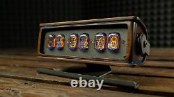 Nixie Tubes Clock 6IN-12 from solid walnut on aluminum stand with illumination