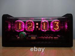 Numitronix 4x IN12 nixie clock, carbon fiber case, pink LED, alarm. Steampunk