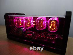 Numitronix 4x IN12 nixie clock, carbon fiber case, pink LED, alarm. Steampunk