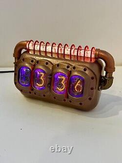 Steampunk Nixie desk clock with red/yellow LED accent