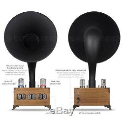 Vintage Wooden Bluetooth Speaker Horn IN-12 Nixie Tube Clock Wireless Charger