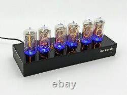 HORLOGE NIXIE avec 6 tubes Z566M grands, boîtier noir mat, LED bleues, alarme, IN-18.