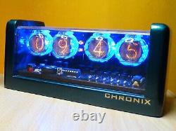 Horloge Nixie avec 4 tubes Z560M, LED bleue et boîtier métallique vert, alarme et télécommande