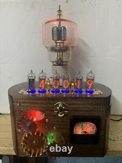 Nixie Clock In-14 Tube. Steampunk. Eimac Vt-129 Tube, Engrenages, Vintage Ammeter Rgb