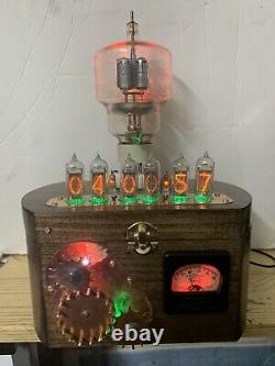 Nixie Clock In-14 Tube. Steampunk. Eimac Vt-129 Tube, Engrenages, Vintage Ammeter Rgb