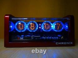 Réveil unique Nixie 4xZ560M avec boîtier en aluminium doré et rouge, télécommande et LED bleues